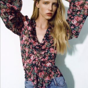 ZARA Rose Print Lace-Up Chiffon Blouse Small